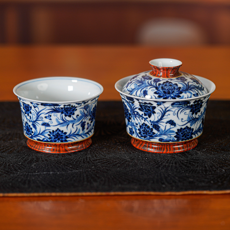 明宣慕古缠枝莲花木纹套组纯手工手绘茶具景德镇陶瓷