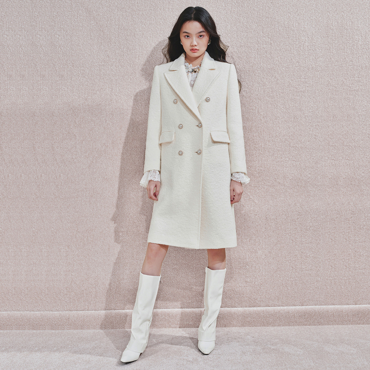 MAXRIENY简约毛呢大衣中长款24冬精致纽扣廓形外套女