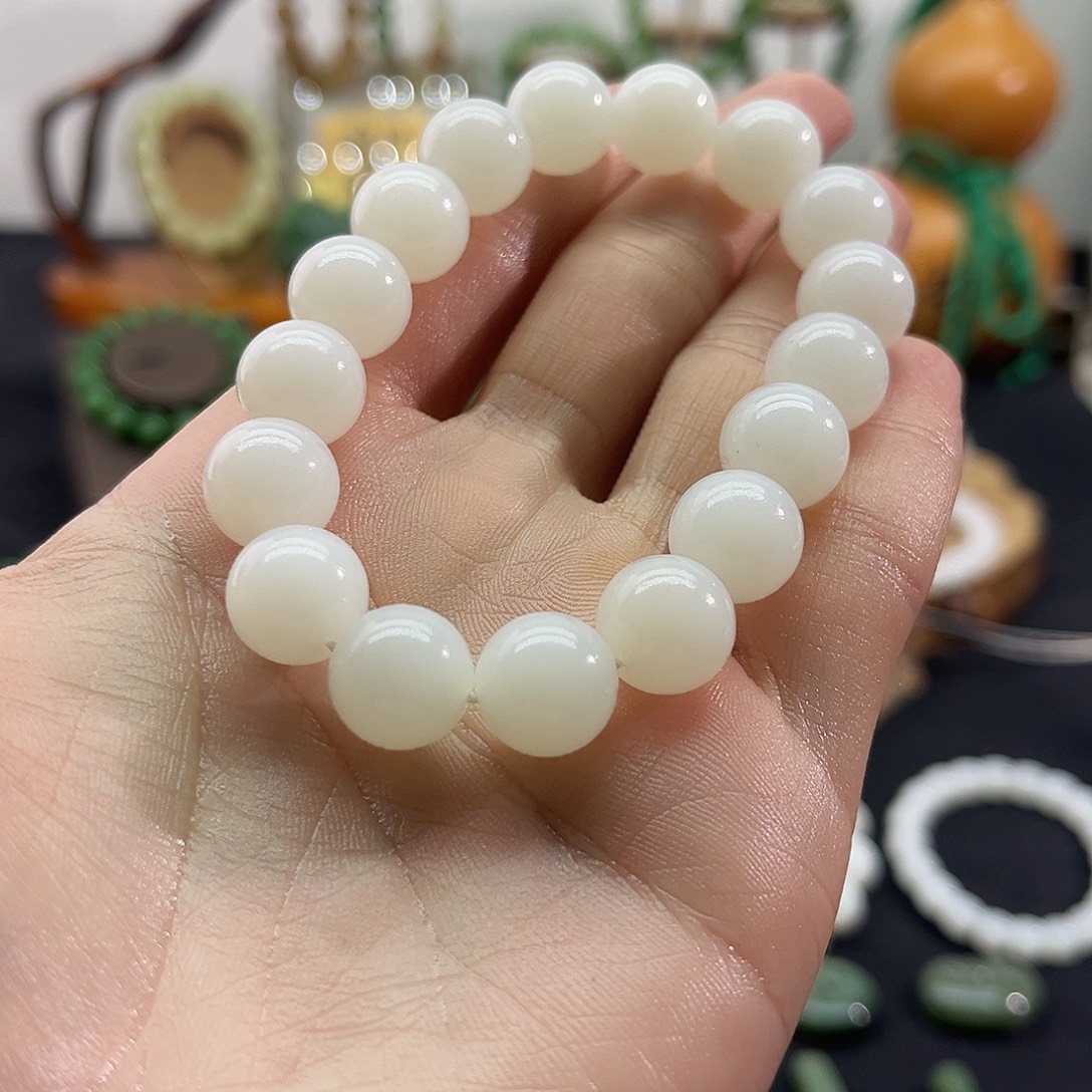 和田玉未镶嵌颈饰俄料-白玉手串-12mm