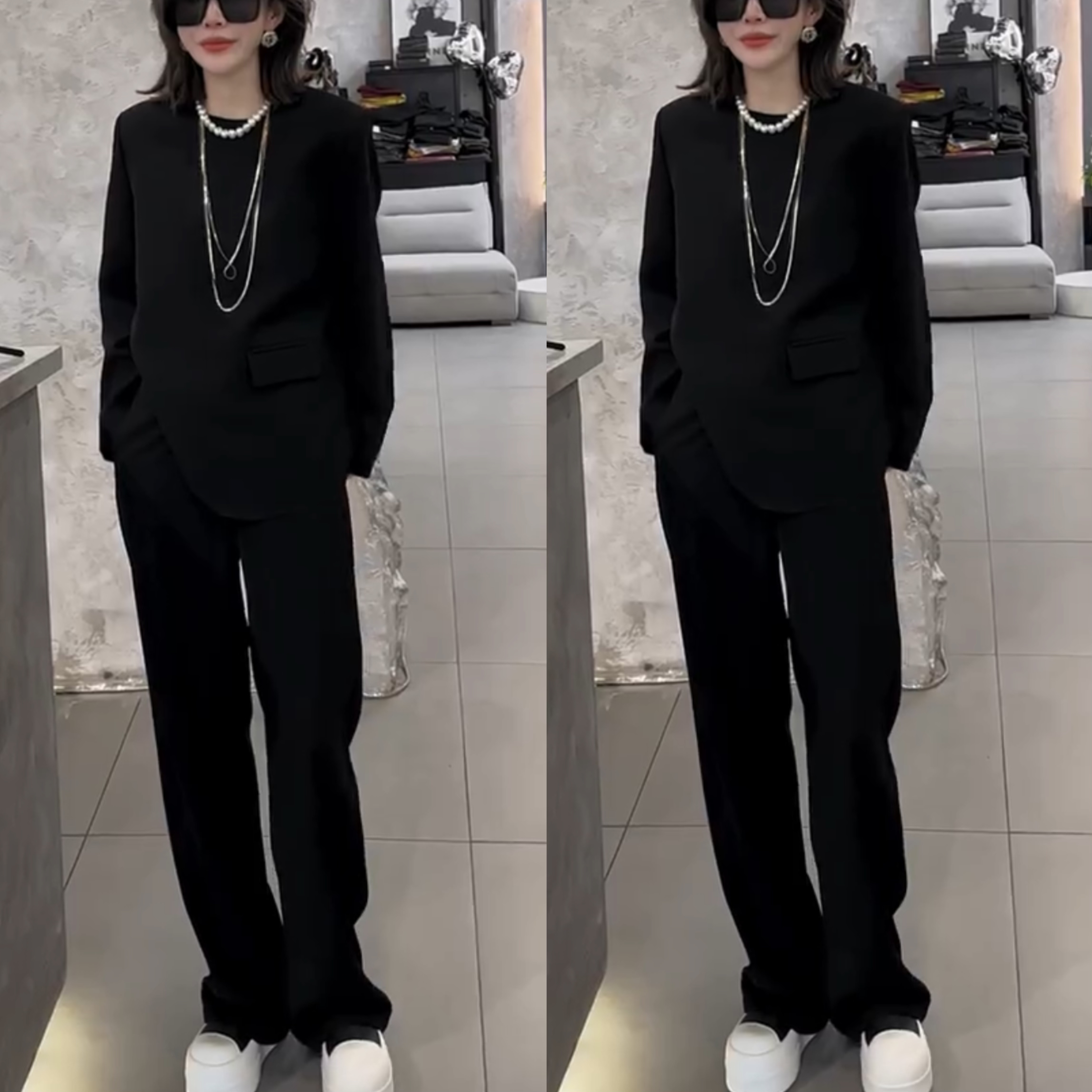 纯色显瘦不规则上衣+裤子