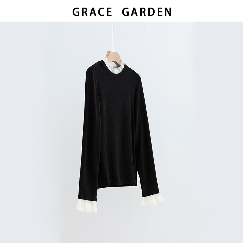 GRACE GARDEN【花边打底！】法式木耳边拼接打底上衣NT5K2305