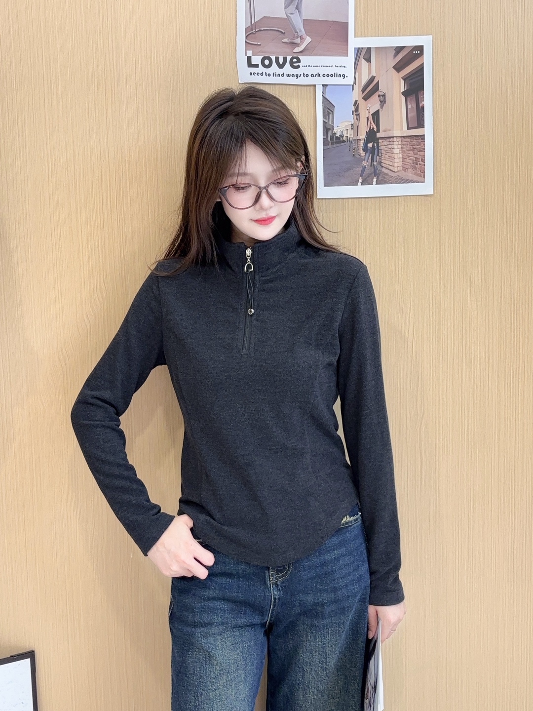 11785双面德绒常规半拉链时尚拼接立领长袖打底加绒百搭