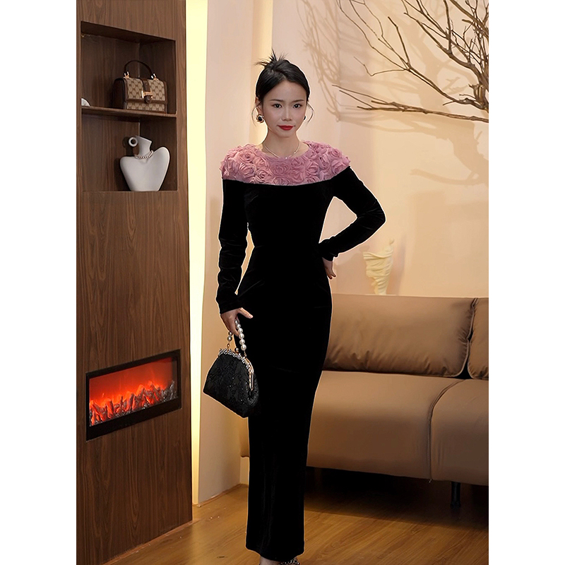 2058拼接连衣裙女名媛气质收腰显瘦优雅长款