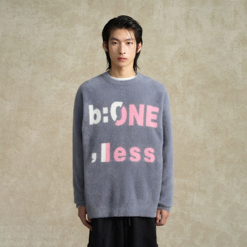 BONELESS抽象大提花字母毛衣冬仿貂毛宽松圆领针织衫百搭保暖上衣