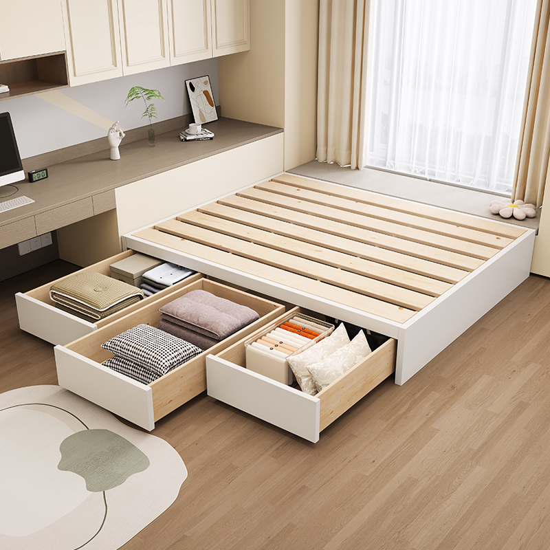 全实木无床头床日式榻榻米床现代简约地台床气压高箱储物床抽屉床