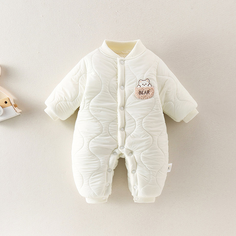 婴儿连体衣夹棉保暖绗绣棉衣新生幼儿爬服萌娃外出服冬装