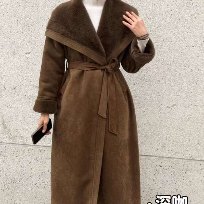 浅咖色咖啡色V领单排扣极简风38码女长款