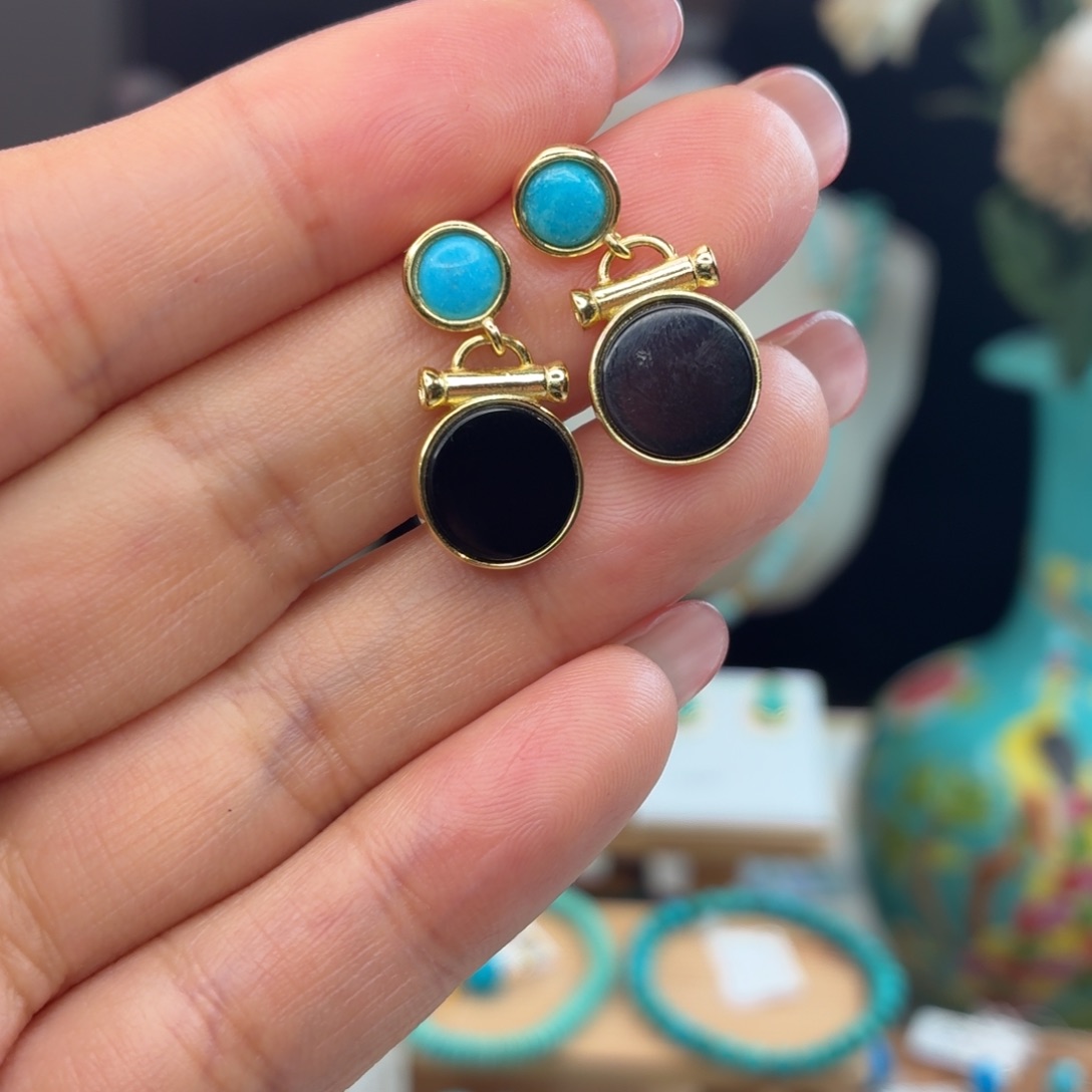 绿松石银S925镀金镶嵌耳饰