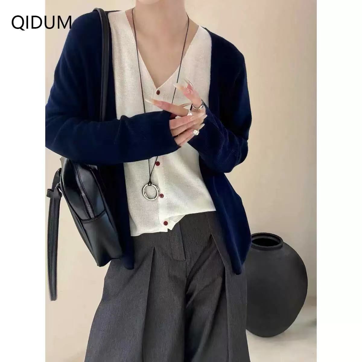 玉姐家假两件针织衫百搭拼接撞色开衫上衣 新选f102 J022440