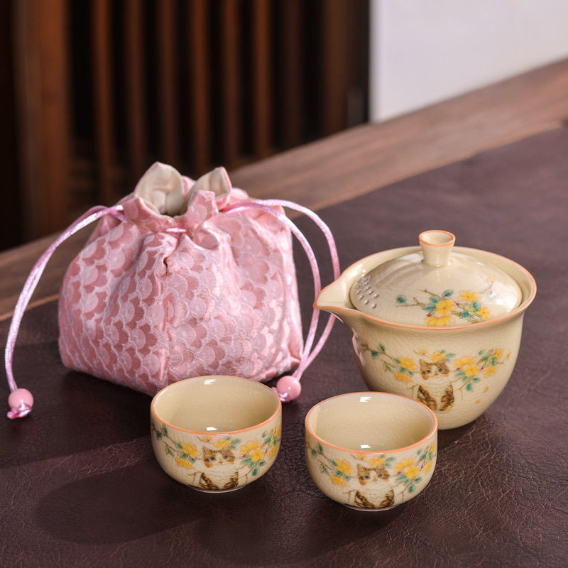 哥窑小橘猫冰裂纹手抓壶盖碗茶杯快客一壶二杯办公家用喝茶器具