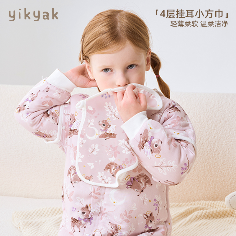 yikyak婴儿四层挂耳纱布小方巾新生儿手帕洗脸巾毛巾