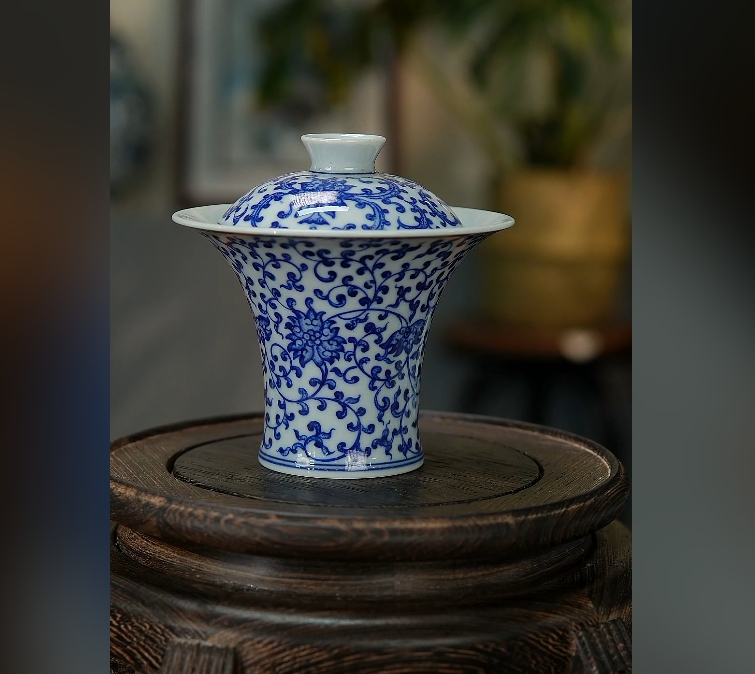 景德镇国企好瓷推荐青花缠枝莲小蛮腰盖碗162