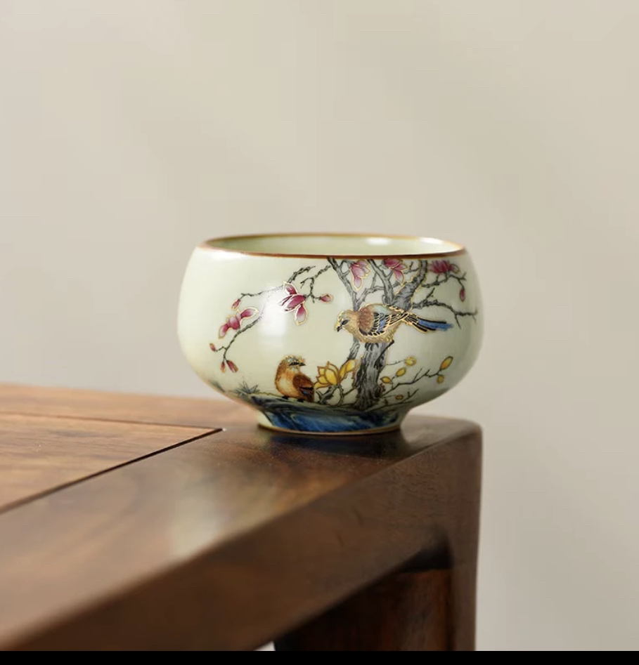 双鸟小罗汉杯汝窑开片65毫升