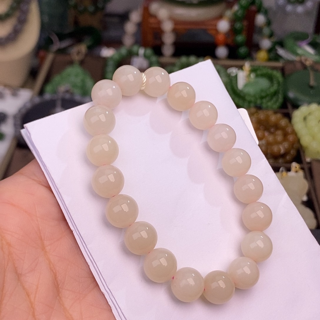 和田玉熟藕粉清货价老料手链约10MM未镶嵌