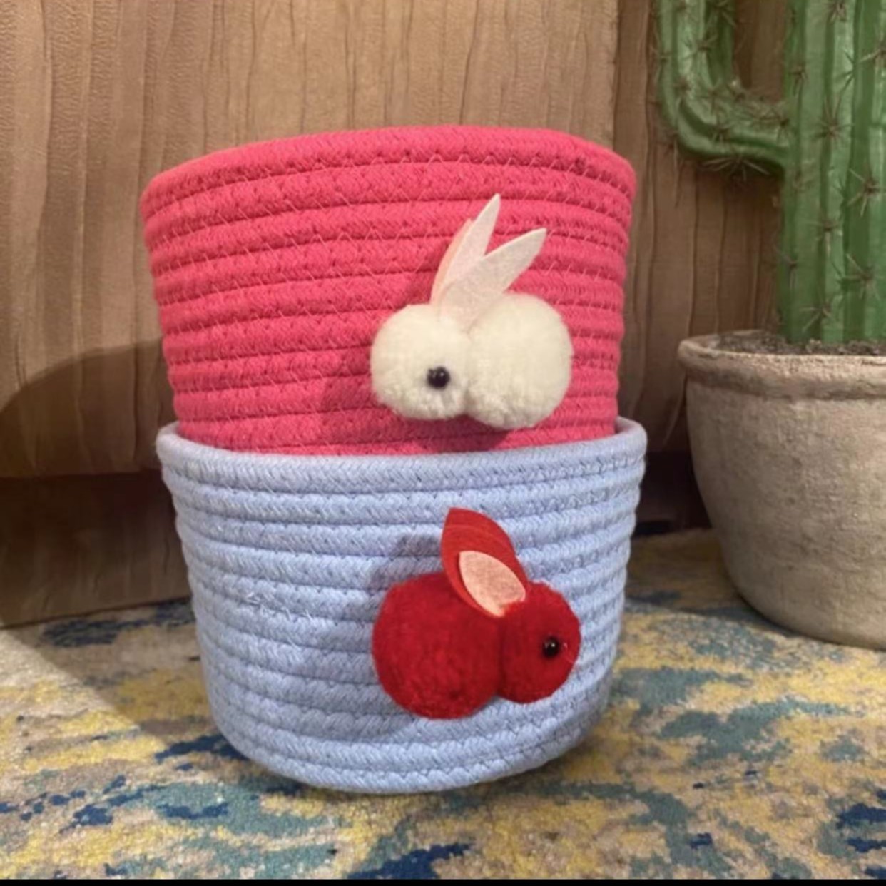 兔年可爱小兔子棉绳收纳筐手工家用创意编织卡通圆形