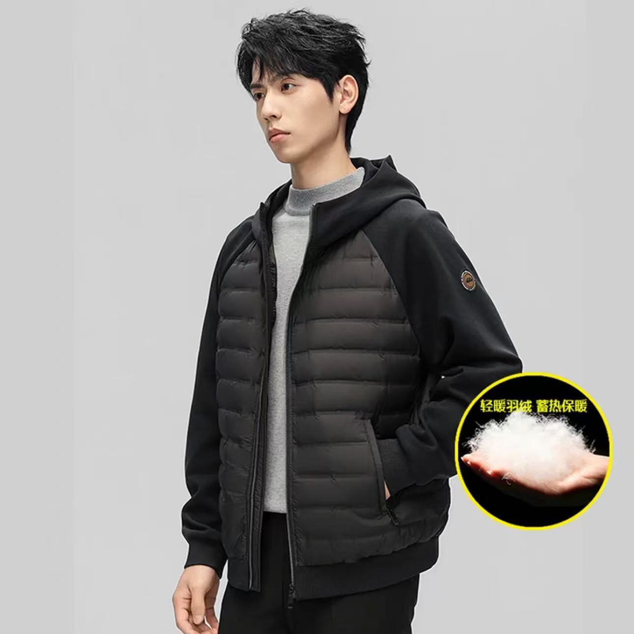 9349-男士轻薄款户外连帽休闲鹅绒服外套（黑色）
