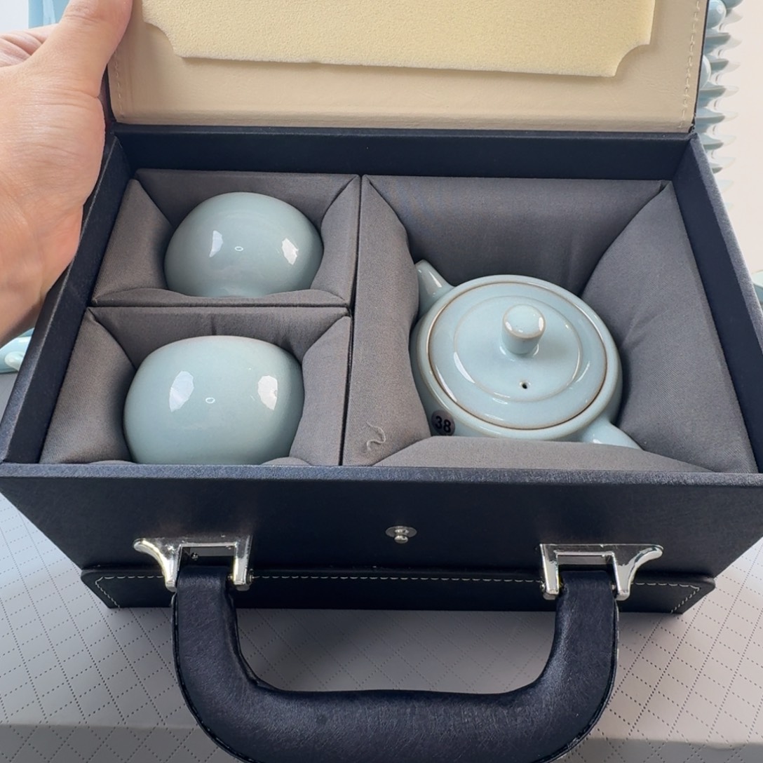 可***啊摆件汝窑天青釉一壶二杯