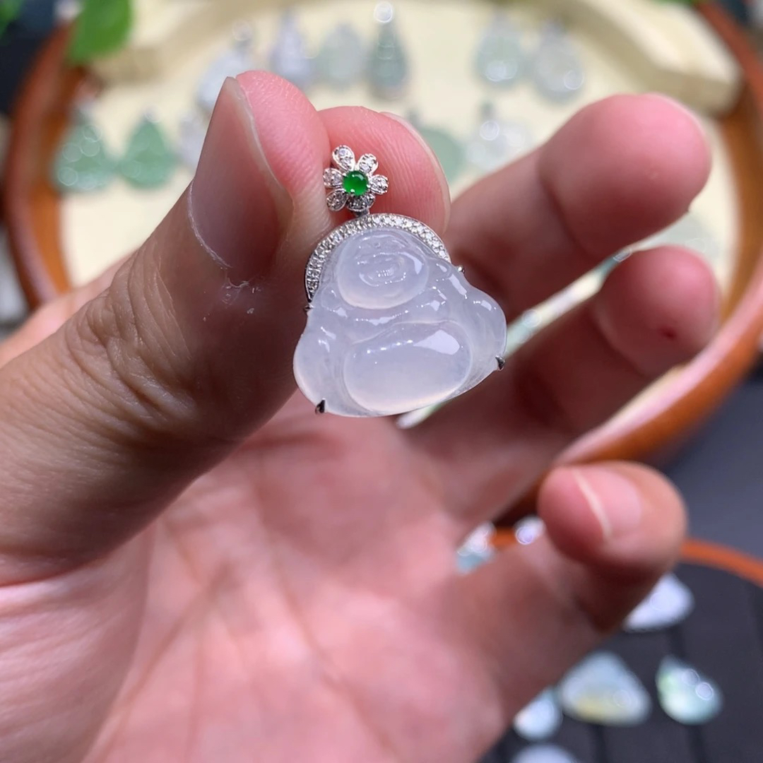 （八福）-颈饰18K金镶嵌天然缅甸A货翡翠佛公  【实物可鉴赏】