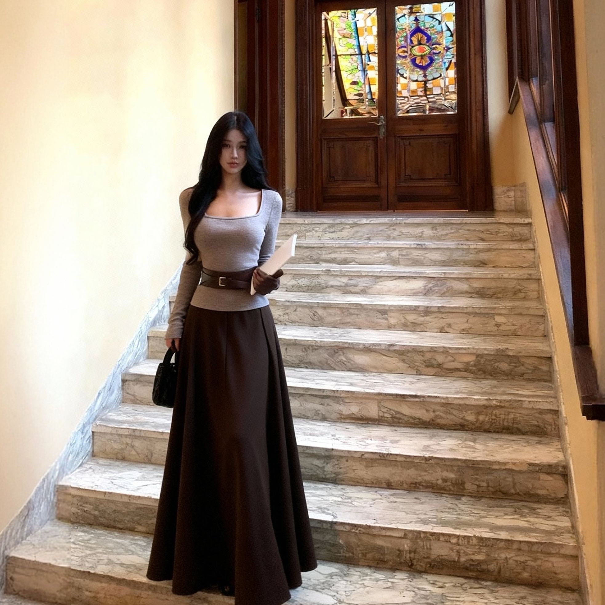 GirlsAt18 气质通勤纯欲套装针织修身上衣褶皱大裙摆长裙两件套