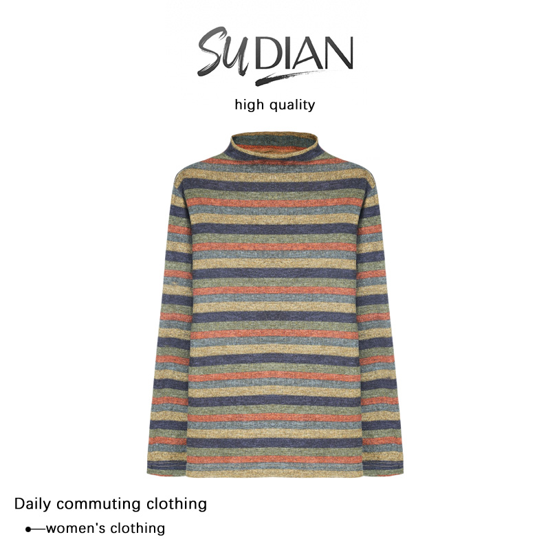 [现货]新款彩条慢旅显瘦遮肉微胖女装长袖堆堆领打底衫Q25CD2413