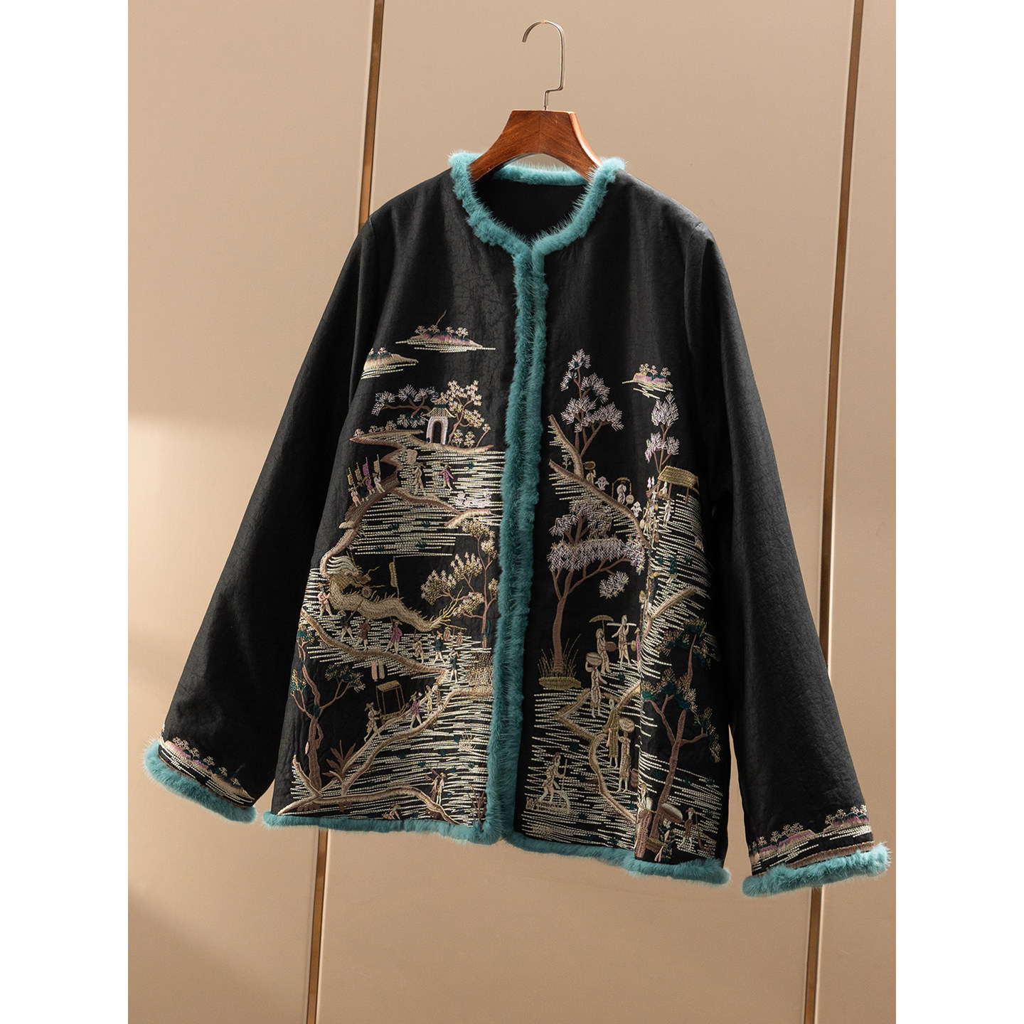 春天家 高货！改良新中式重磅真丝香云纱刺绣桑蚕丝棉服女02K3