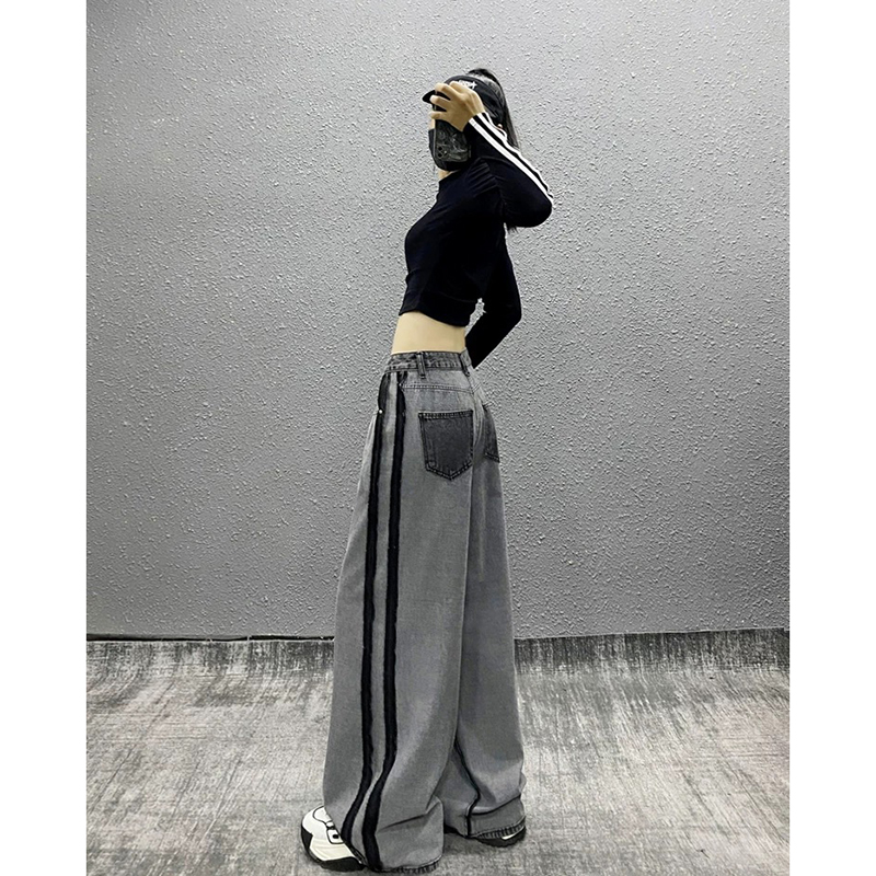 侧条纹拼色设计感阔腿牛仔裤女秋新款长裤宽松显瘦百搭直筒拖地裤