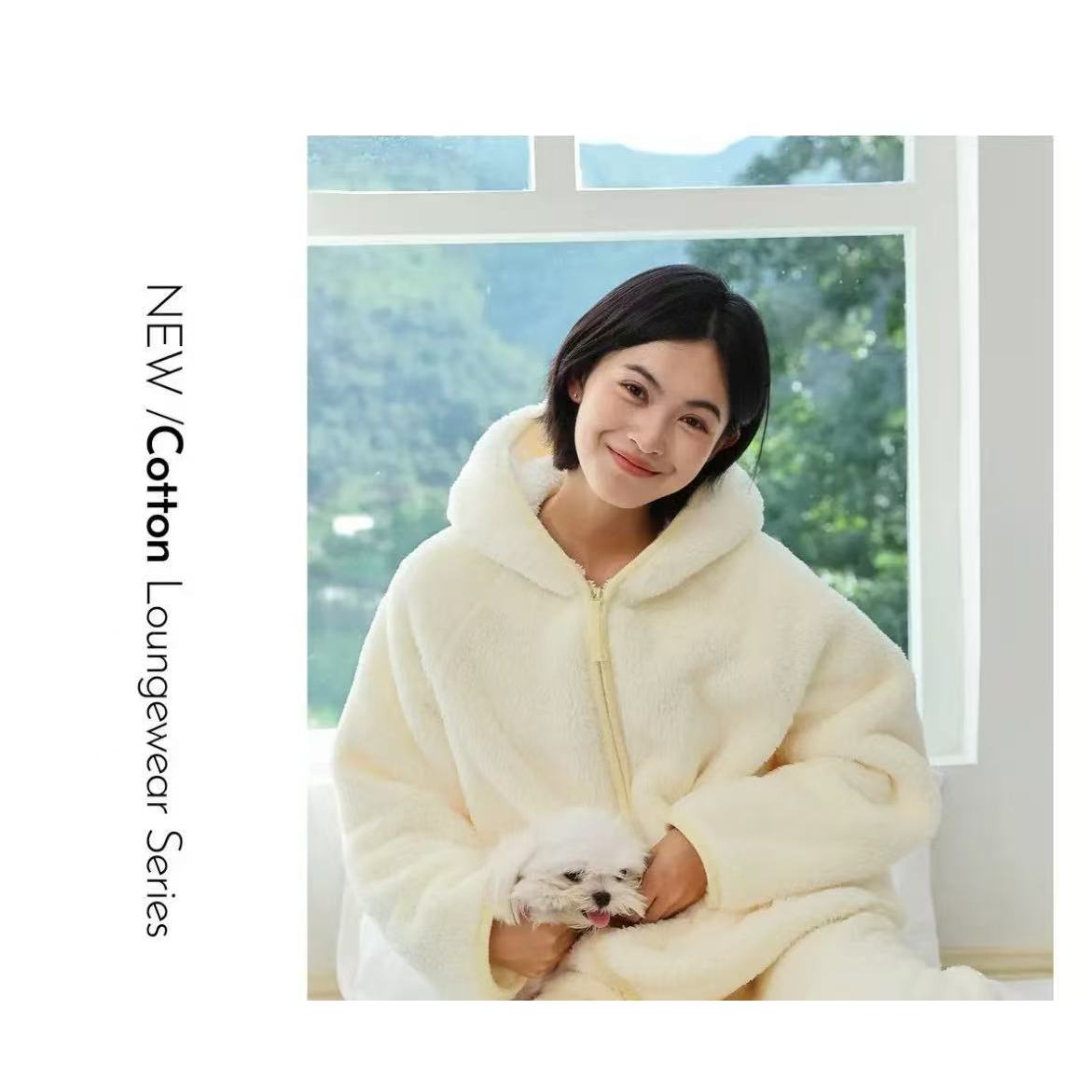 时尚女款连帽加绒加厚款家居服绒套2025-1