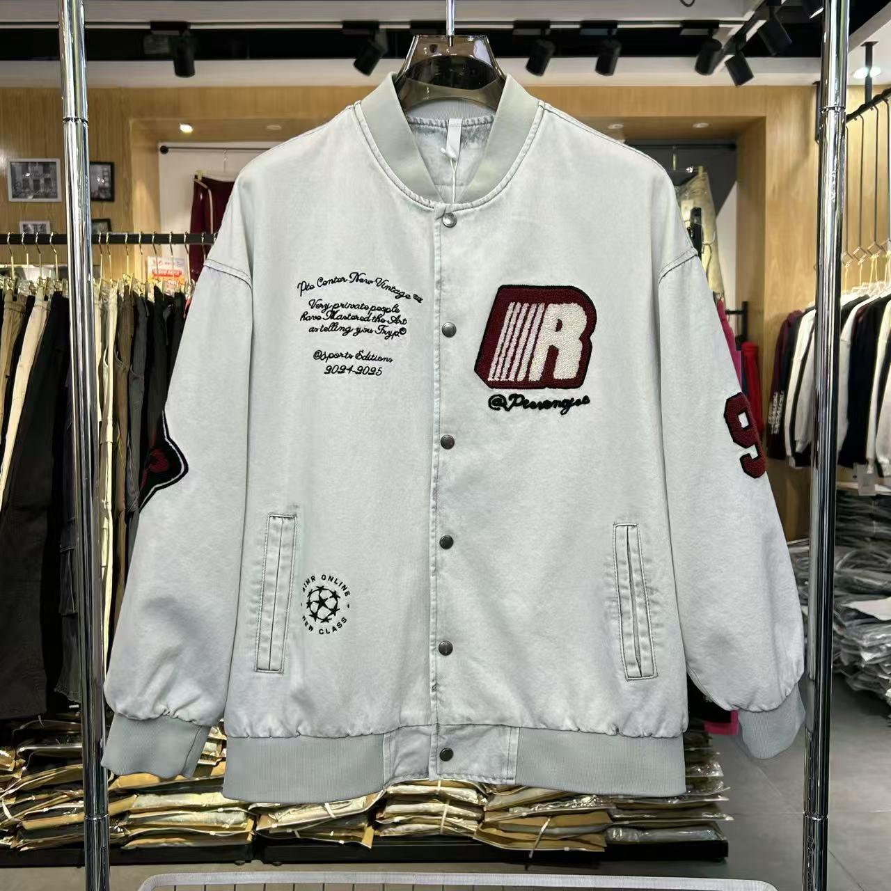 实体~美式街头嘻哈风阔版潮牌棒球服男款毛巾绣棒球服夹克25017