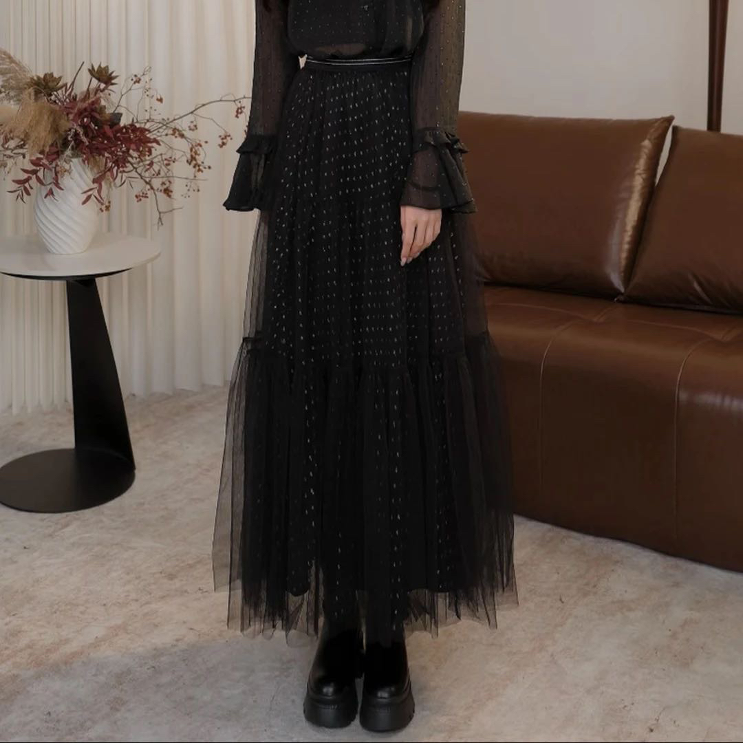 商场同款女装2025新款时尚高腰松紧腰银葱细闪网纱半身裙女520028