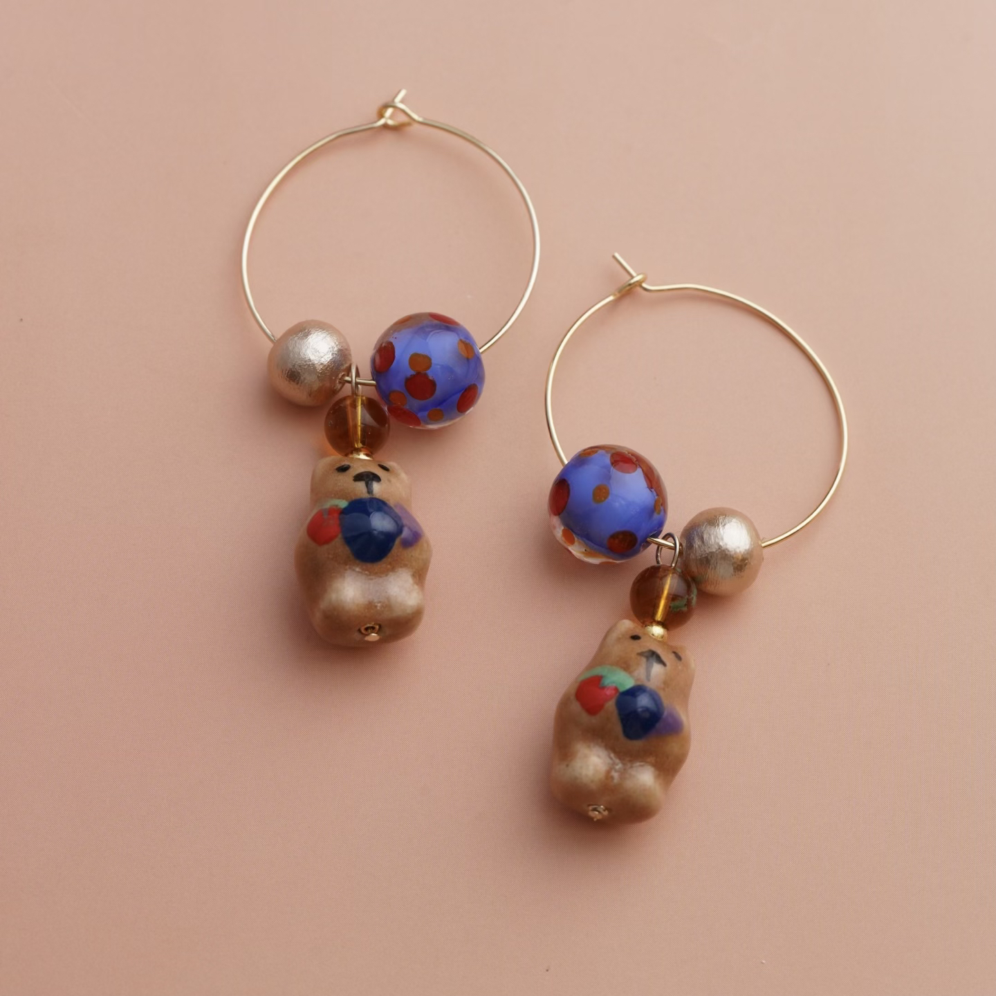 合金仿珍珠耳饰 Dust 無尘手作饰品 蓝金球球可爱小熊大耳圈