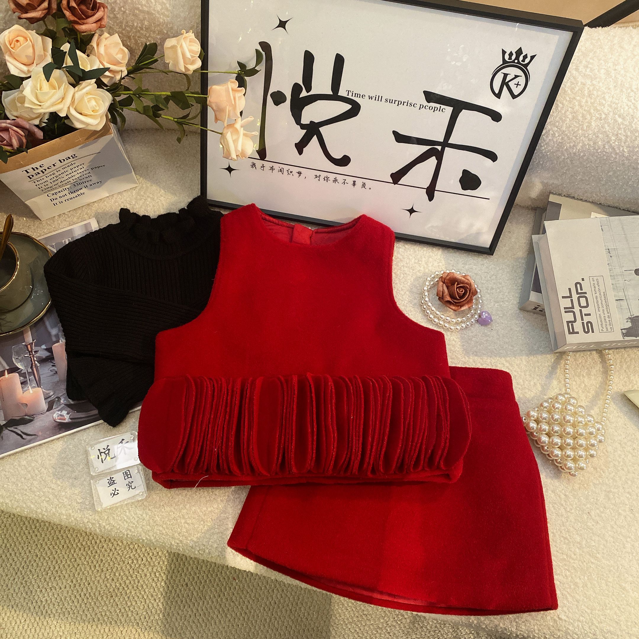 T2【悦禾】儿童百搭纯色洋气冬季萌娃冬装红色灯笼褶半身裙套装6410