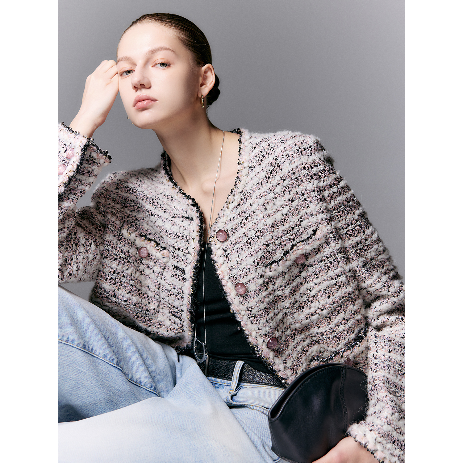 玖着'巴黎左岸'殿堂级法国双C旗下Lesage刺绣坊羊毛黑粉香风外套