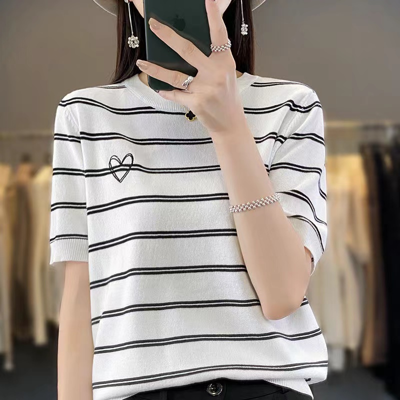 【莱赛尔天丝】~圆领套头条纹针织短袖女爱心刺绣百搭打底上衣 1053