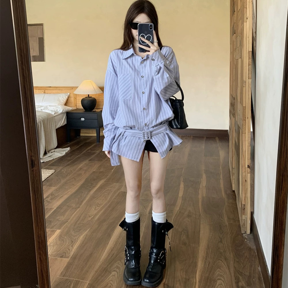 学院风条纹衬衫裙
