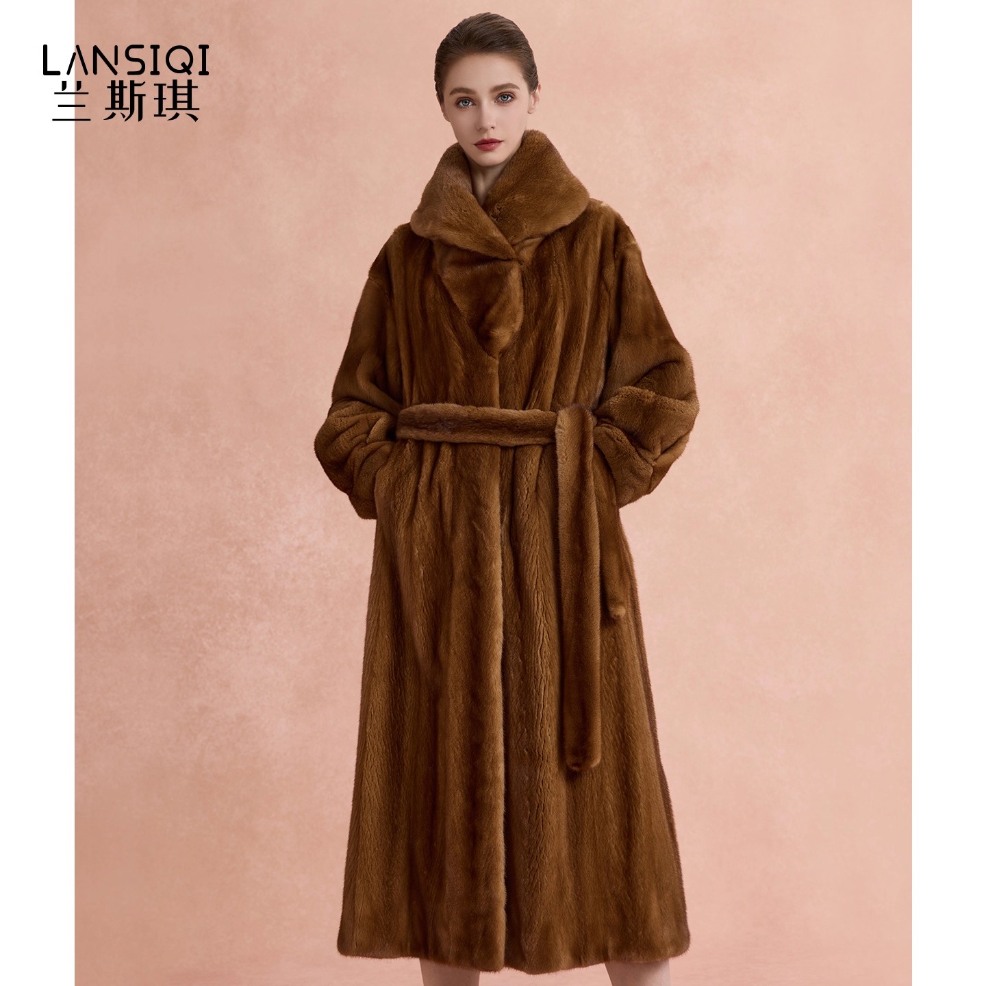 艳红咖进口皮草水貂外套女大翻领加长款抽刀整貂时尚貂皮大衣2025