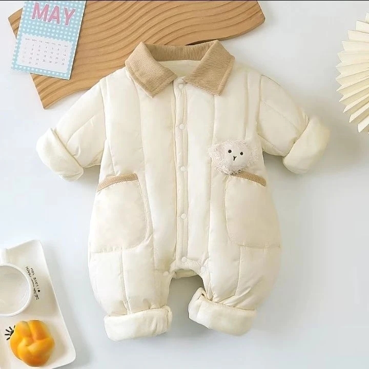婴儿夹棉连体衣秋冬季百天周岁宝宝超萌洋气外出加绒加厚外出棉服