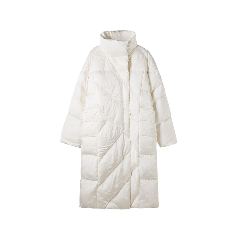 U/TI白色长款连帽新中式刺绣羽绒服过膝保暖简约纯色外套