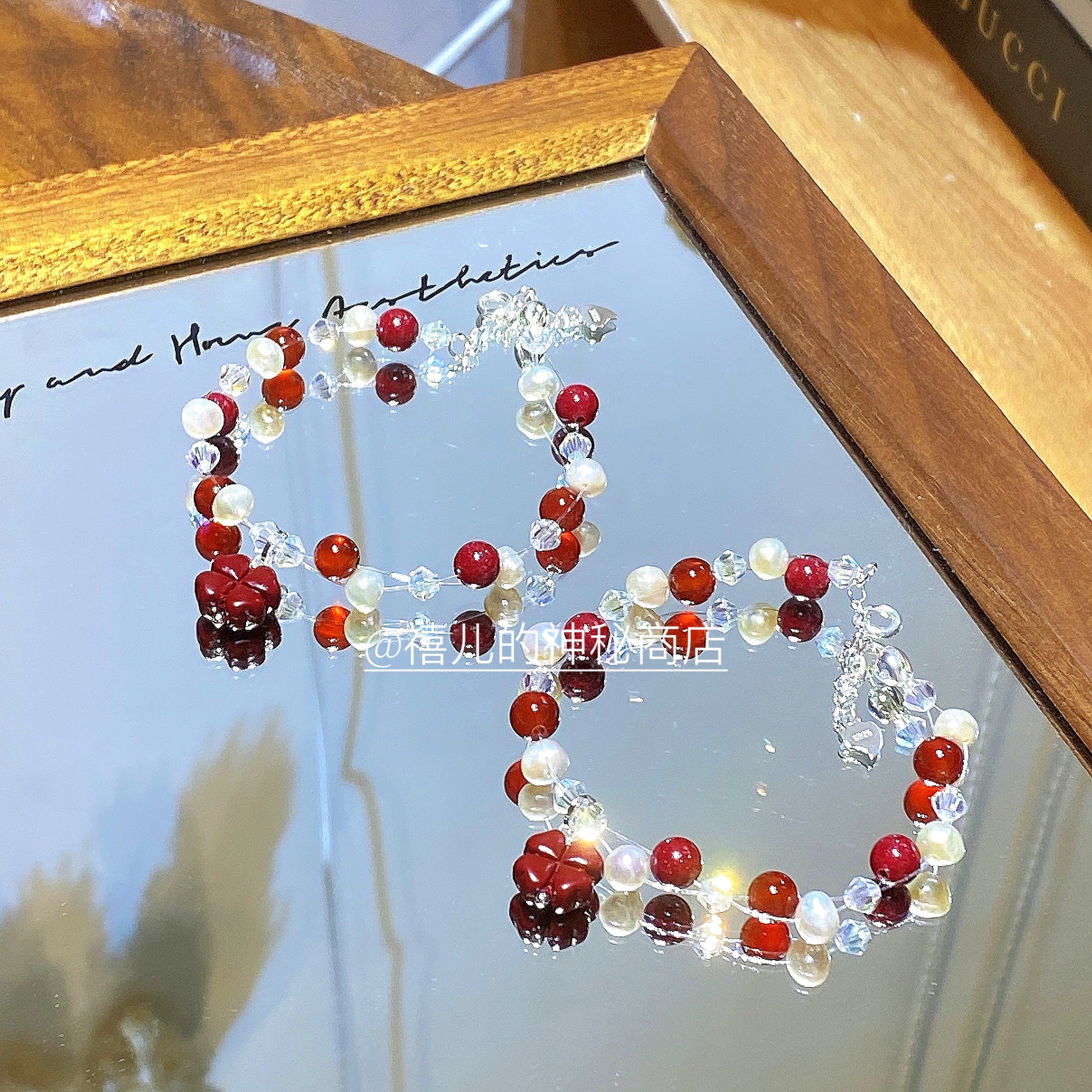 ·鸿运·天然红玛瑙朱砂淡水珍珠手链原创纯手工