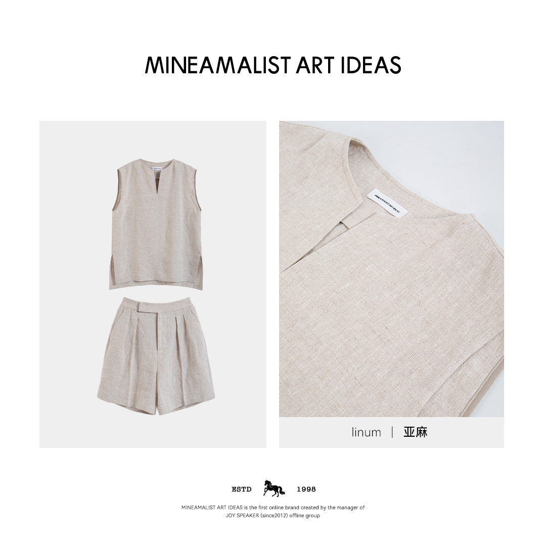 MINEAMALIST ART IDEAS夏季JIL.S小开领无袖原麻色上衣短裤3876M