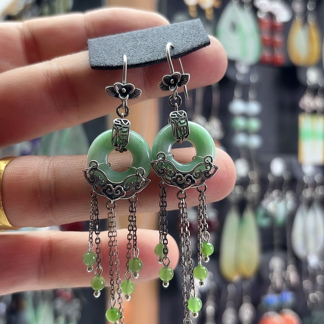 翡翠耳饰银S925镶嵌白*飞