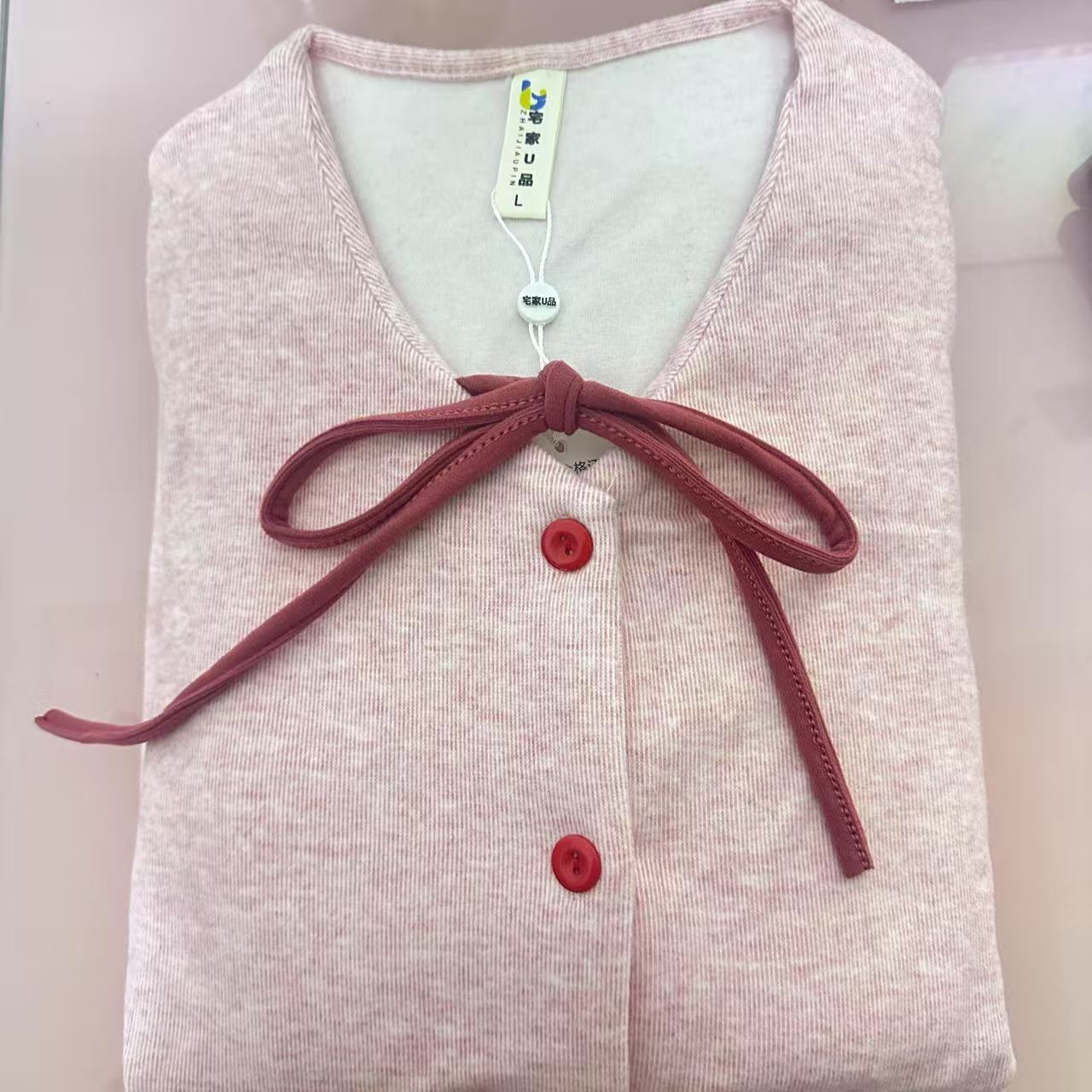 68-女士秋冬季长袖长裤v领套装（粉
