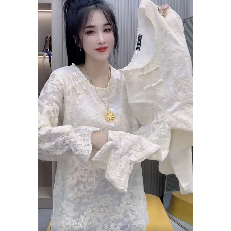2025新款2613#时尚气质蕾丝衫盘扣圆领花边长袖百搭镂空打底