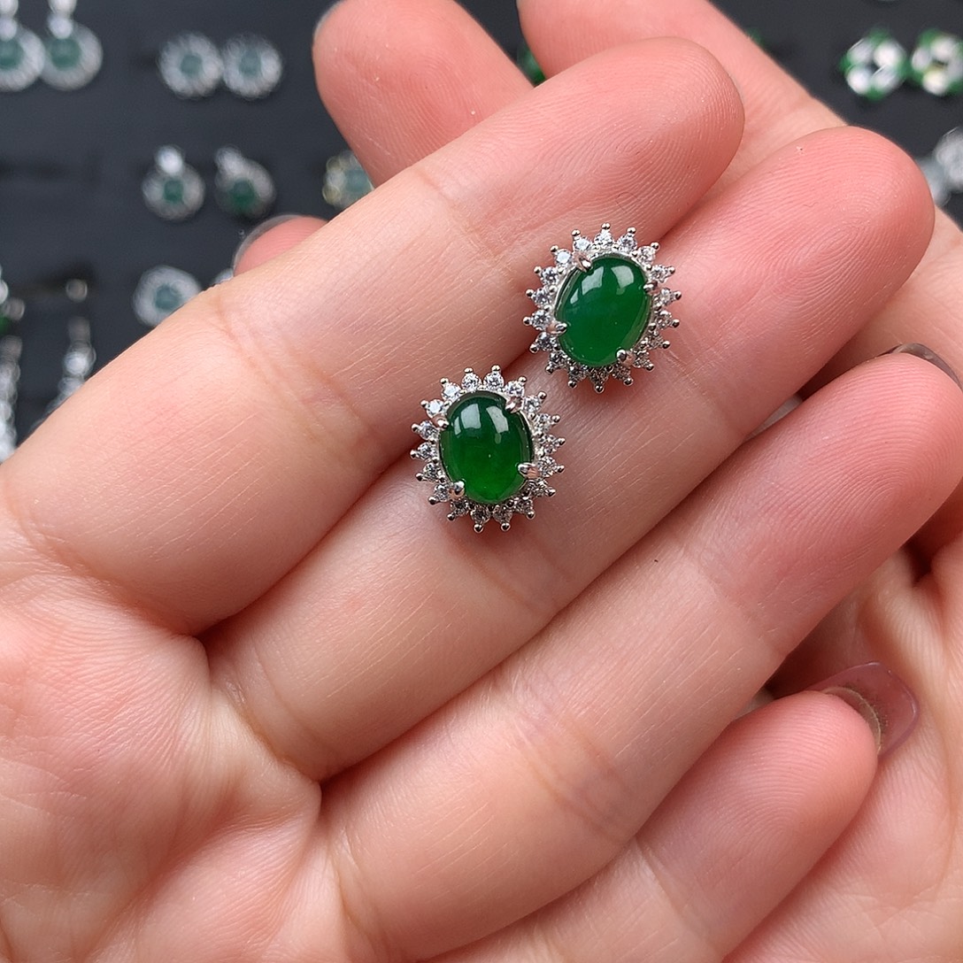 雨***虹翡翠银S925镶嵌耳饰