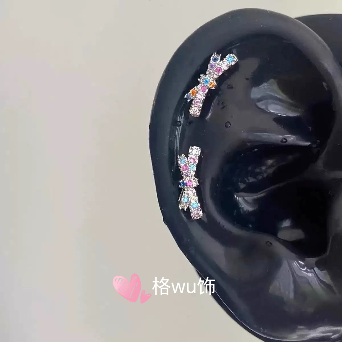 钛钢耳饰 彩虹糖纸爆闪满锆蝴蝶结耳钉 耳蜗耳骨钉甜美气质高颜值