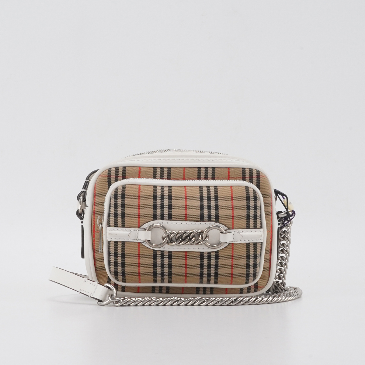 99新 BURBERRY/博柏利 【诗诗】双层 格纹拼白 帆布 相机包/98新