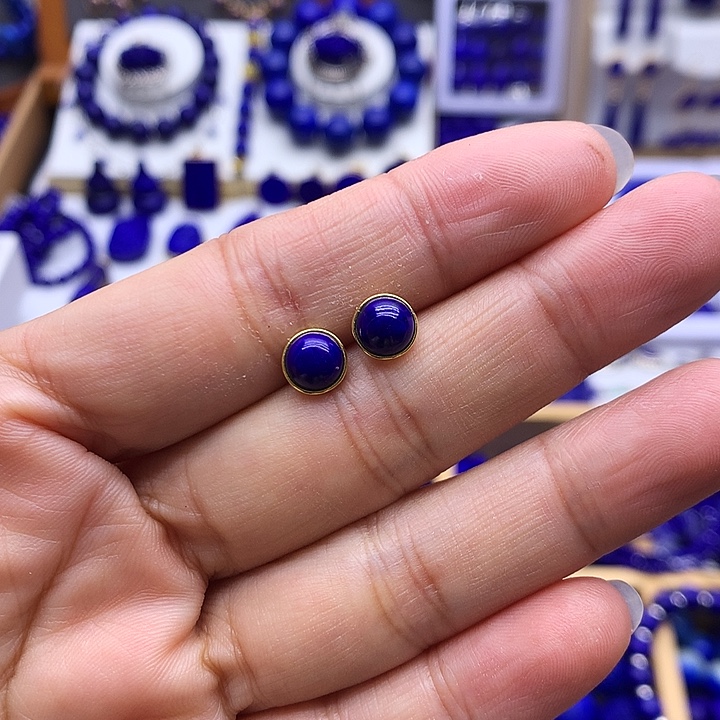 青金石银S925镀金镶嵌耳钉