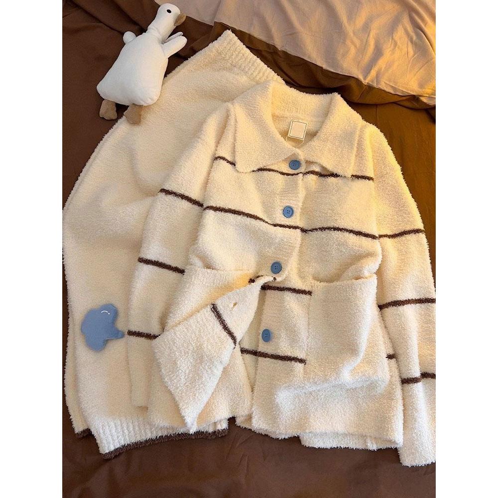 甜美可爱酷猫慵懒针织半边绒睡衣女冬季加厚套装保暖家居服可外穿