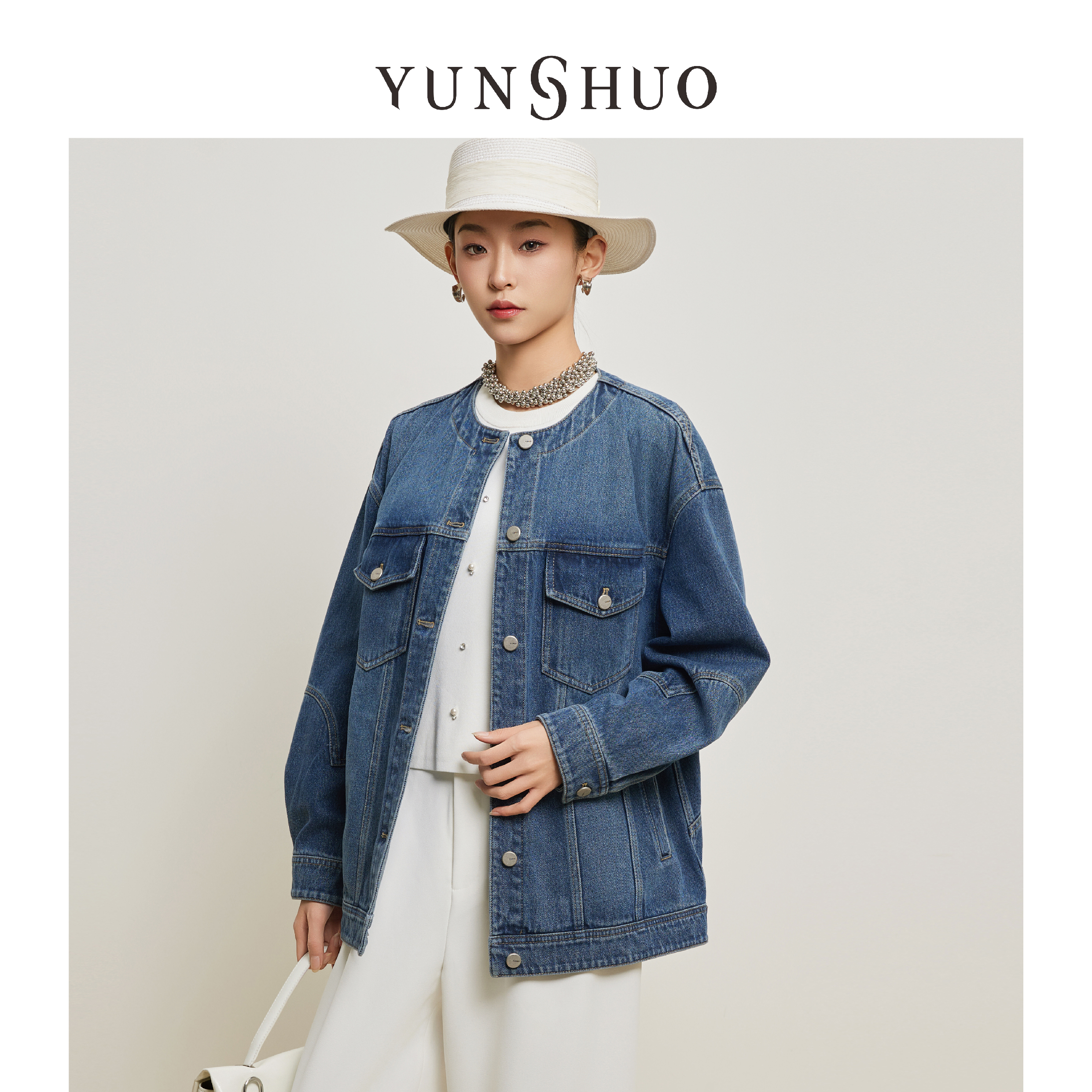 允硕春季新品时尚百搭牛仔复古圆领女拼接休闲气质宽松外套456164