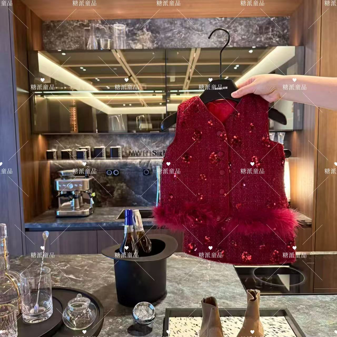 1950新年款国风红色立体亮片花朵马甲+短裙套装儿童