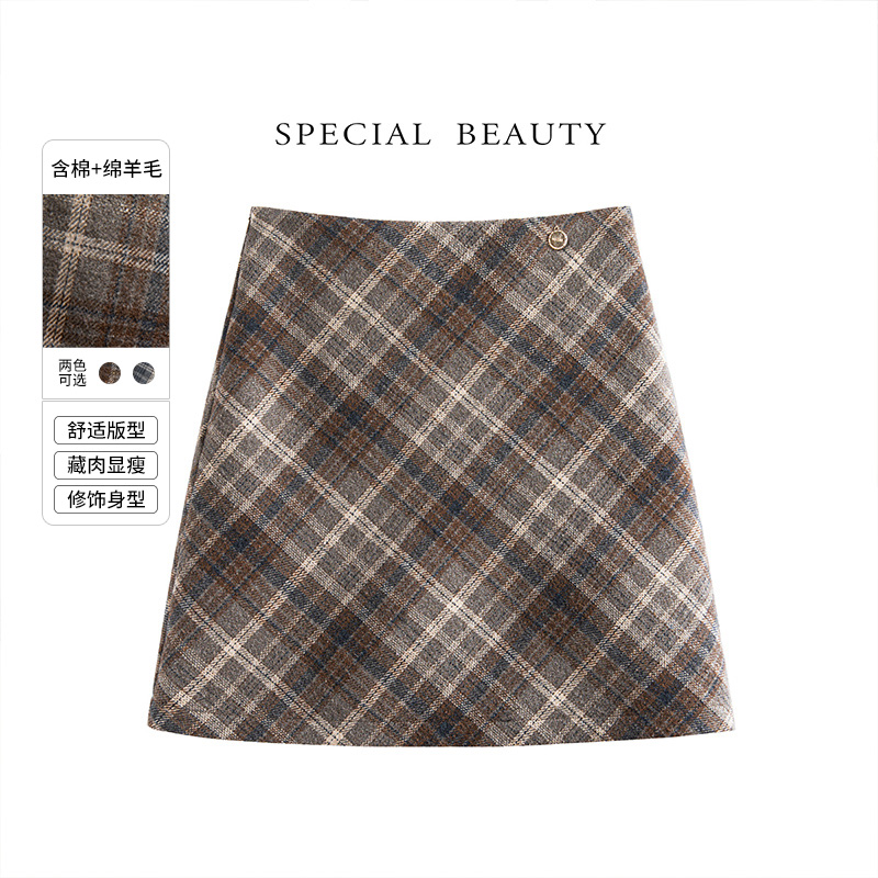 丝柏舍2025棉冬装新款女装高腰显瘦A字短款学院风半身裙S43B6278B